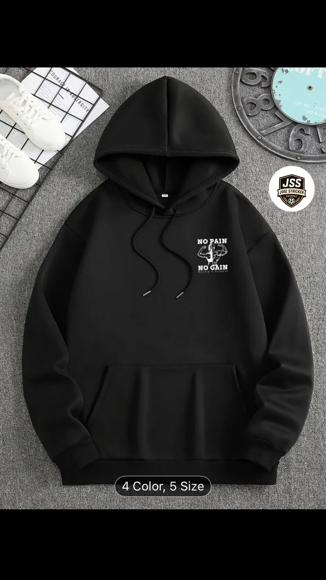 Sweat à Capuche Doublé en Polaire pour Homme avec Imprimé Motivationnel NO PAIN NO GAIN, Coupe Ample Décontractée, Pull à Enfiler pour la Salle de Sport et les Tenues de Tous les Jours, Couleur Noire, Hoodie de Gym, Style Streetwear, Look Sportif, Couture