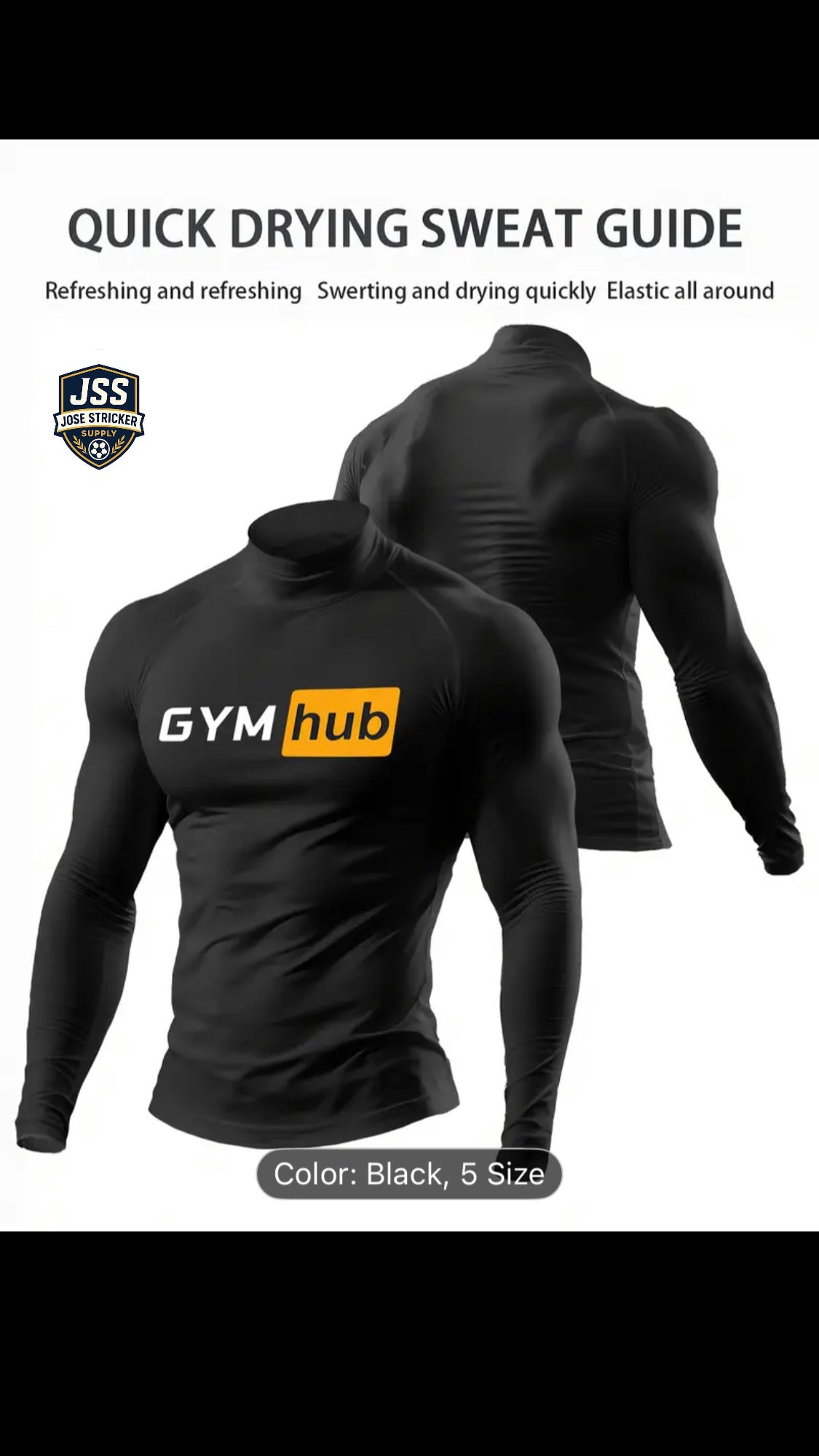 GYMhub - T-shirt de sport pour homme à séchage rapide – Haut de musculation ajusté, manches longues de compression pour l’haltérophilie, la course et l’entraînement – T-shirt athlétique antidérapant noir avec accent jaune – Vêtement de performance.